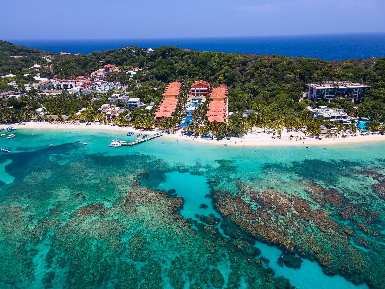 Aerial view of West Bay Beach and the coral reef in Roatan